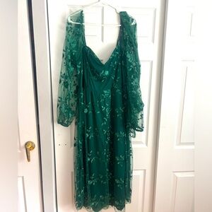 Lulus Darling Charisma Emerald Mesh Embroidered Midi Dress